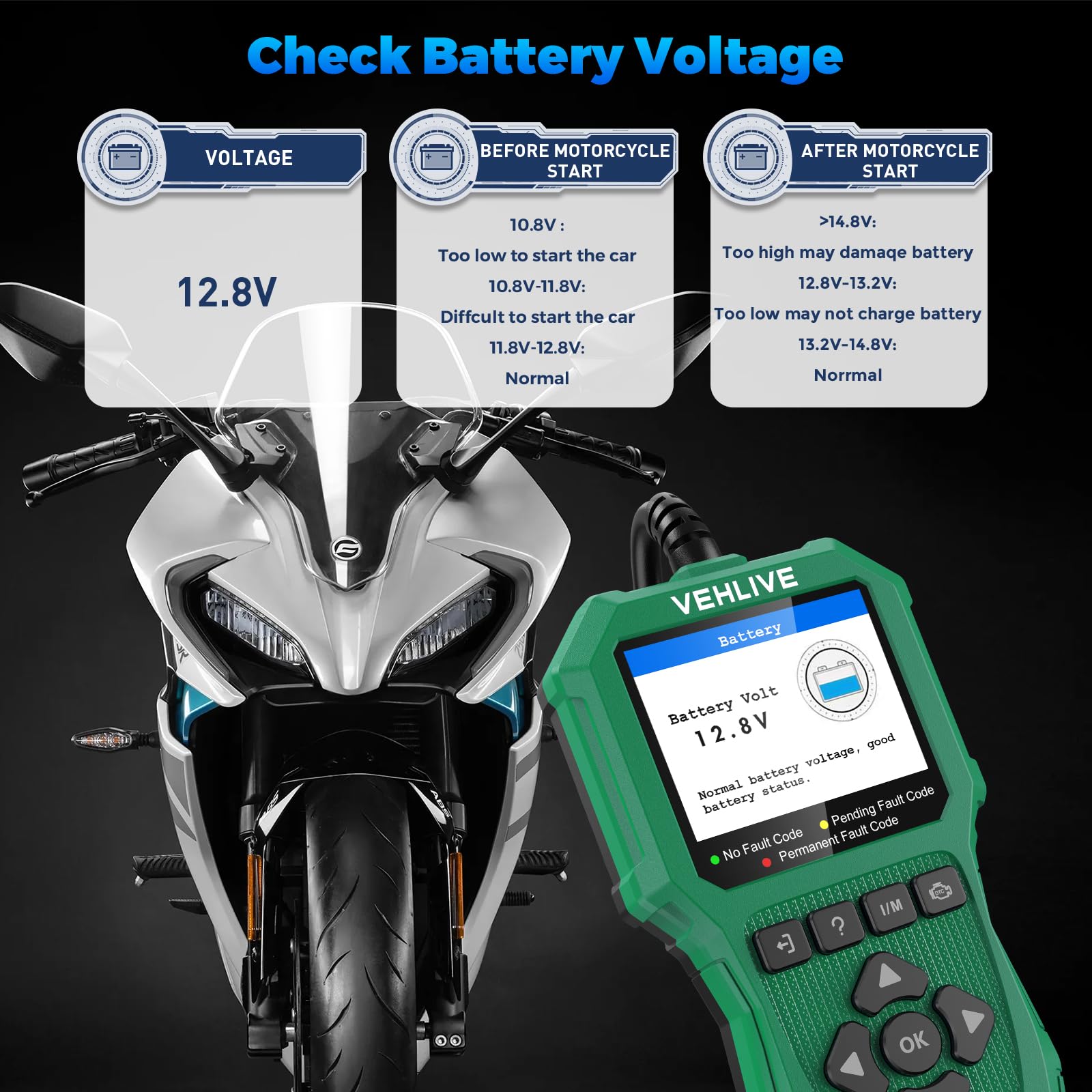 Outil de mesure de diagnostic de système de moto, scanner OBD2 avec test de tension, lecteur de code défaut de moto avec test rapide compatible avec Yamaha, Honda, Kawasaki, Generation, KYMCO