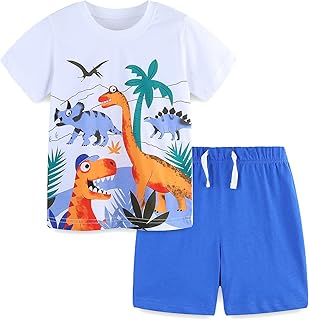 Toddler Boys Summer Short Outfits Clothes Set Kids Cool Dinosaur Digger Animal Print Short Sleeve Cotton T-Shirt Tops and Shorts 2 Piece Crewneck Clothing Set Age 1-7 Years Old
