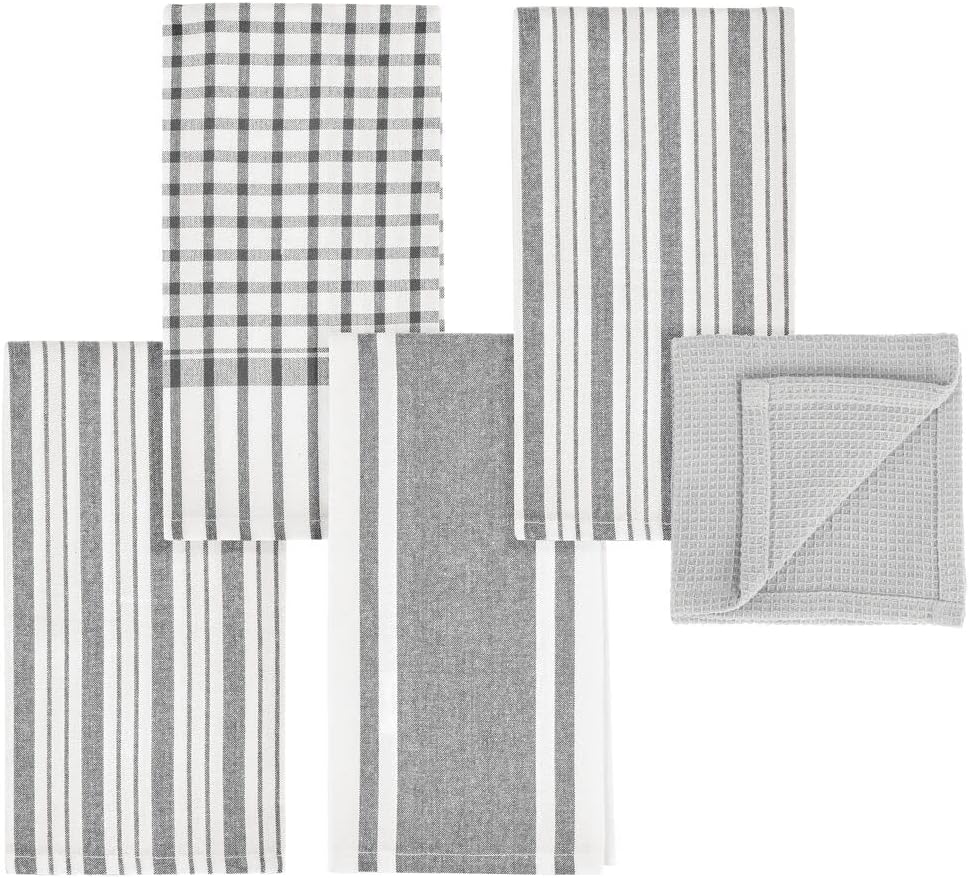 mDesign Kitchen Towel Set, 100% Cotton, Waffle Texture and Striped Pattern, Store in Drawers, Cabinets or Hang on Racks, Set of 5 - Gray