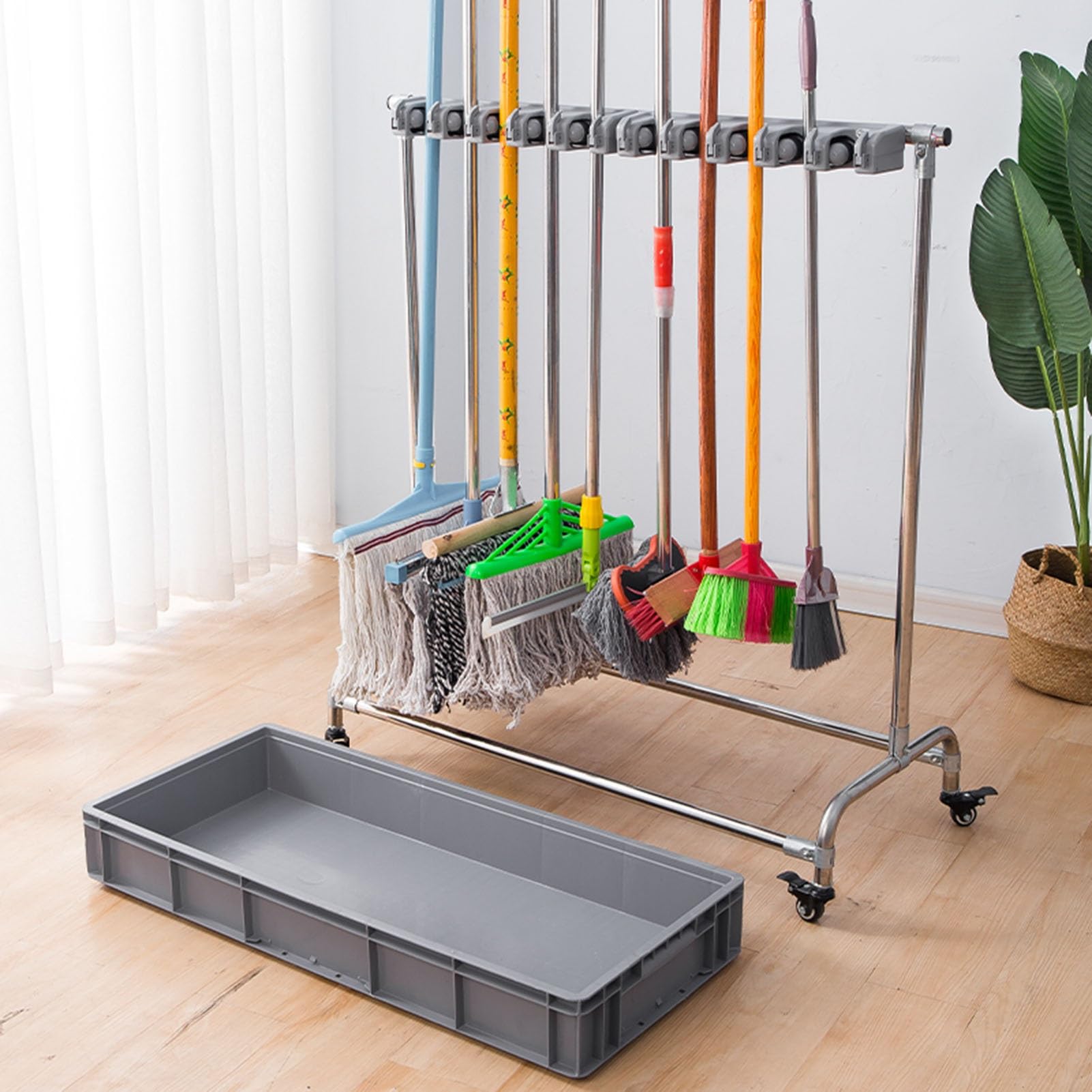 Organizador De Escobas con Estante De Almacenamiento, Soporte De Herramientas De Acero Desmontable De Pie con Ganchos Y Ranuras para Herramientas De Mango Largo.