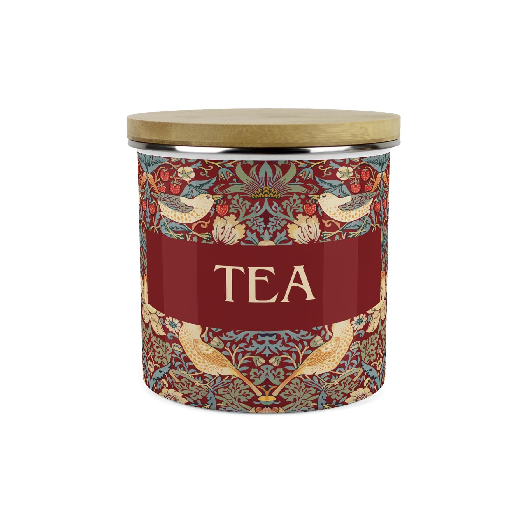 Purely Home Red Strawberry Thief Tea Storage CanisterMorris Inspired Floral Tapestry Artwork Large Enamel Storage Container from B&Q