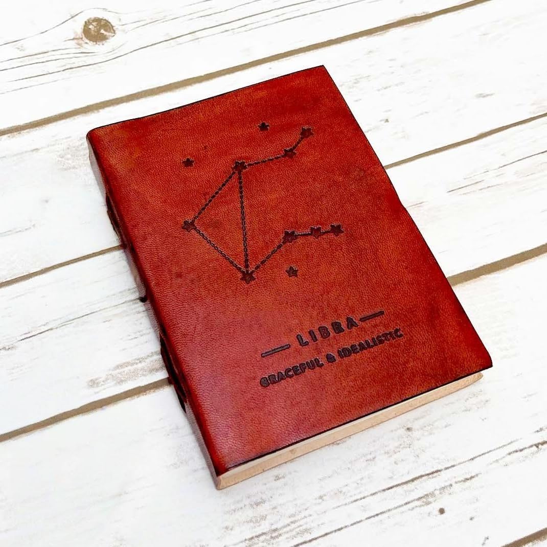 Soothi Zodiac Handmade Antique Leather Journal for Travel or Diary, Unlined, Libra, 7''x5''