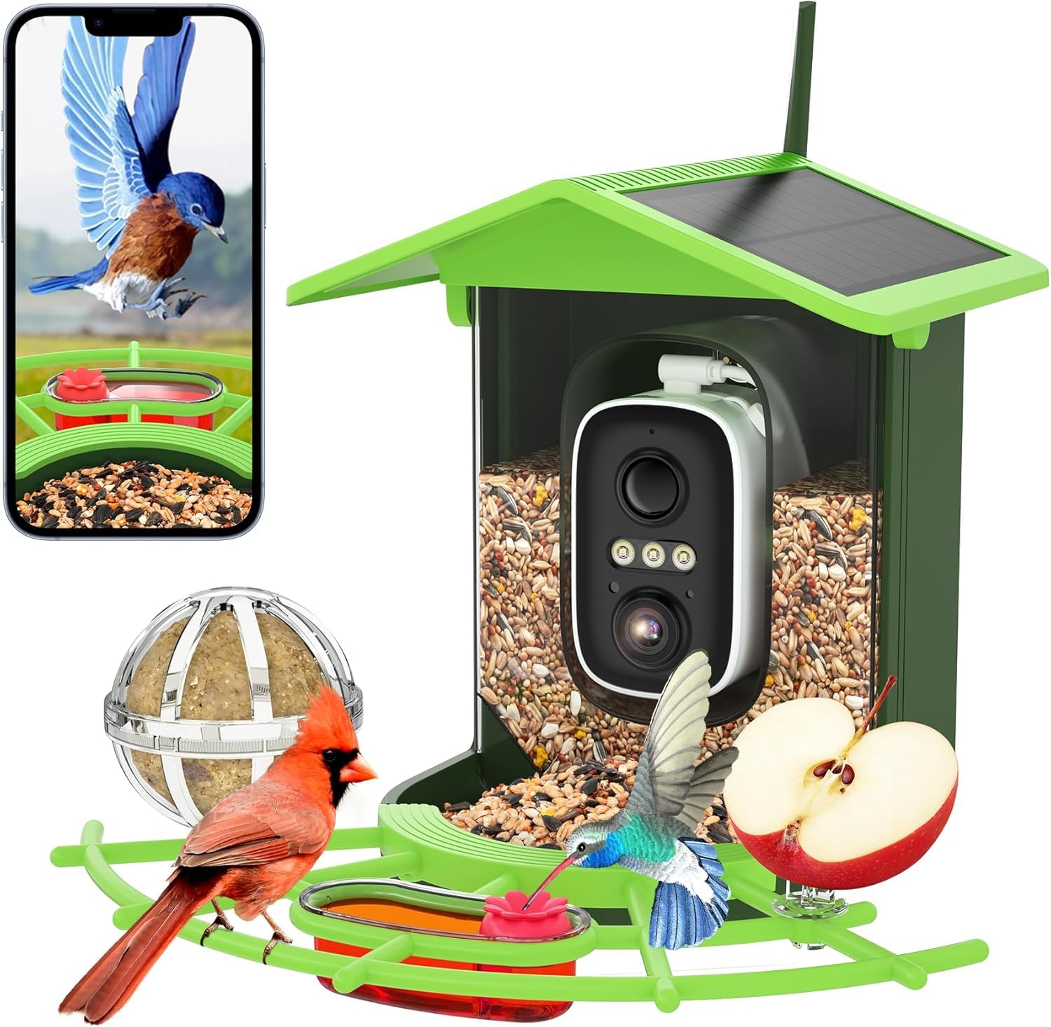 Vogelfutterhaus mit Kamera, Vogelhaus mit 4MP Kamera, Vogelfutterspender Garten, Vogelfutterstation mit Video/Fotoaufnahme, KI Identifizierung, Bewegungserkennung, Alarm, Nachtsicht, IP65 Wasserdicht