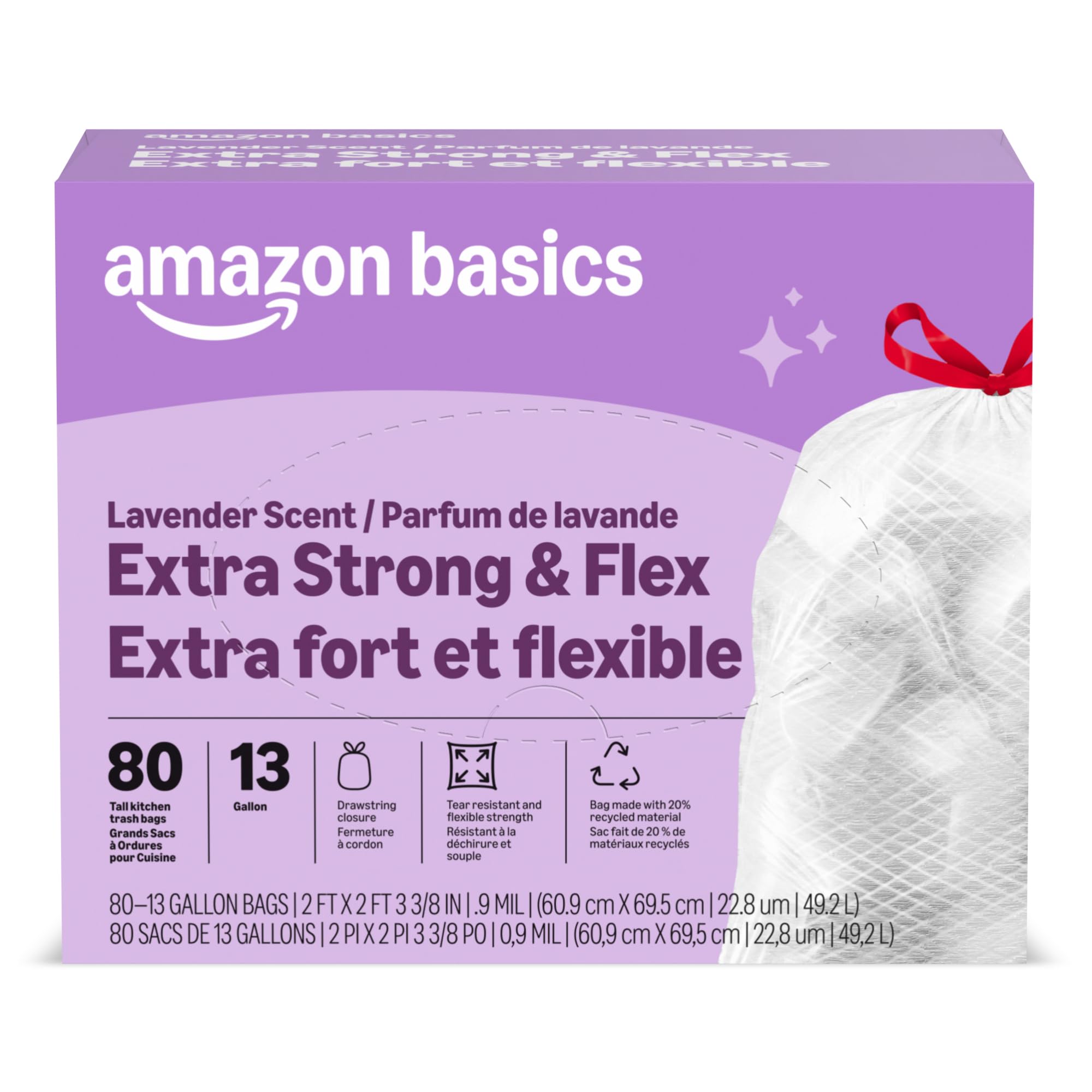 Amazon Basics Ultra-Force Tall Kitchen Drawstring Trash Bags, Lavender Scented, 13 Gallon, 80 Count, Pack of 1, Packaging May Vary