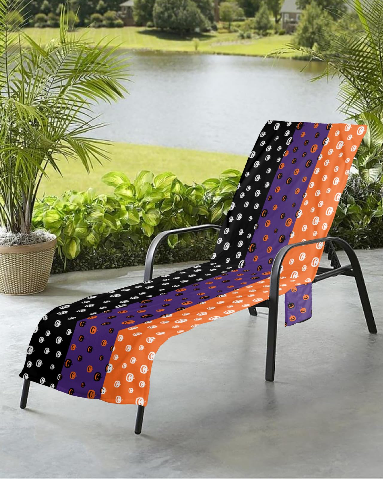 Halloween Pumpkin Beach Chair Towel Covers for Chaise Lounge with Side Pocket, Soft Plush Pool Towels Cover for Patio Sunbathing Outdoor 29''x85'' Horror Pumpkin Black Purple Orange