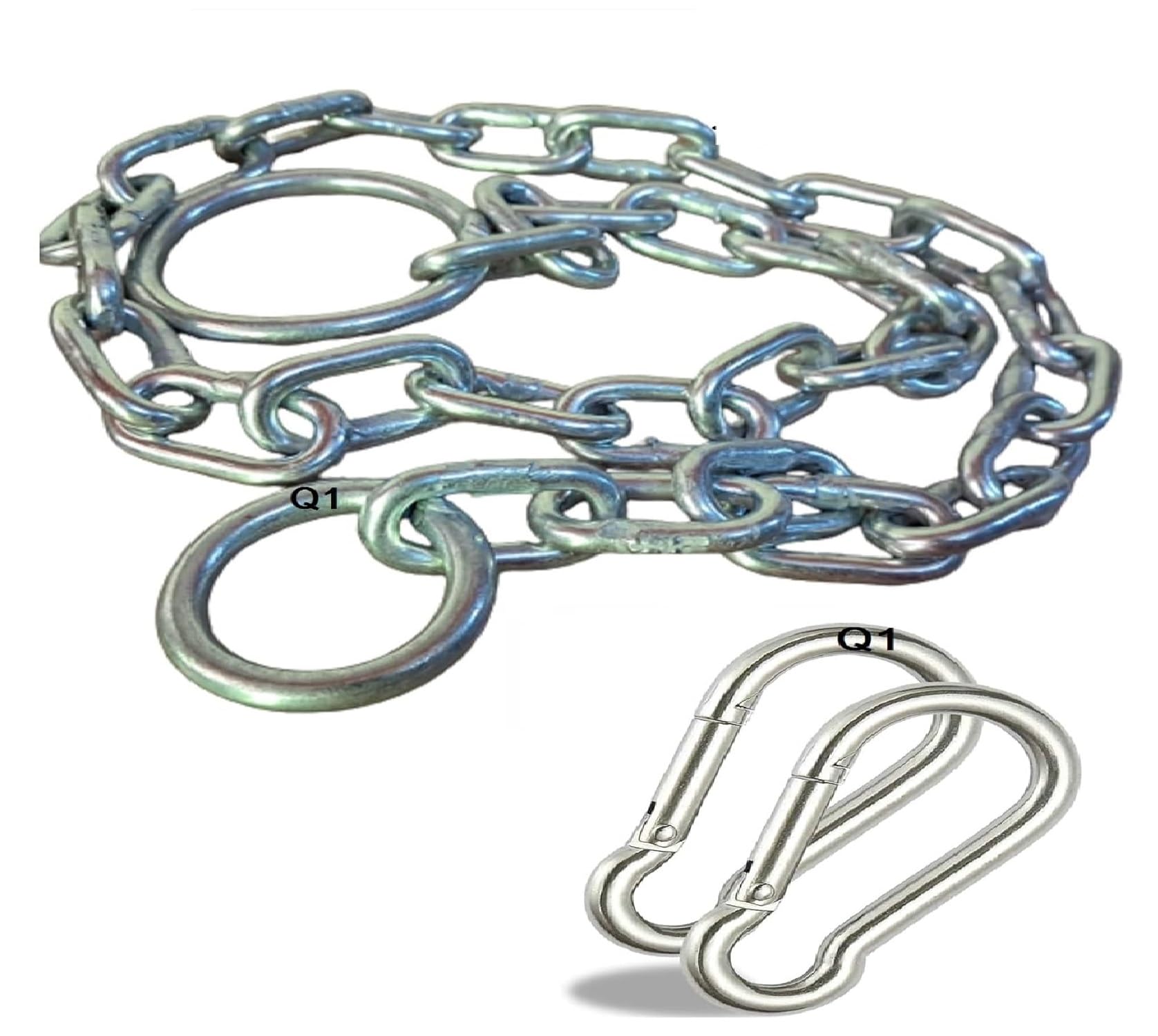 q1 beads 2 feet metal lock chain with 2 pcs. snap hooks strong & heavy duty made in 8 mm rod 200 kgs capacity for travel & safety, garden swing/playing jhula chain with 2 pcs. carabiner (silver)