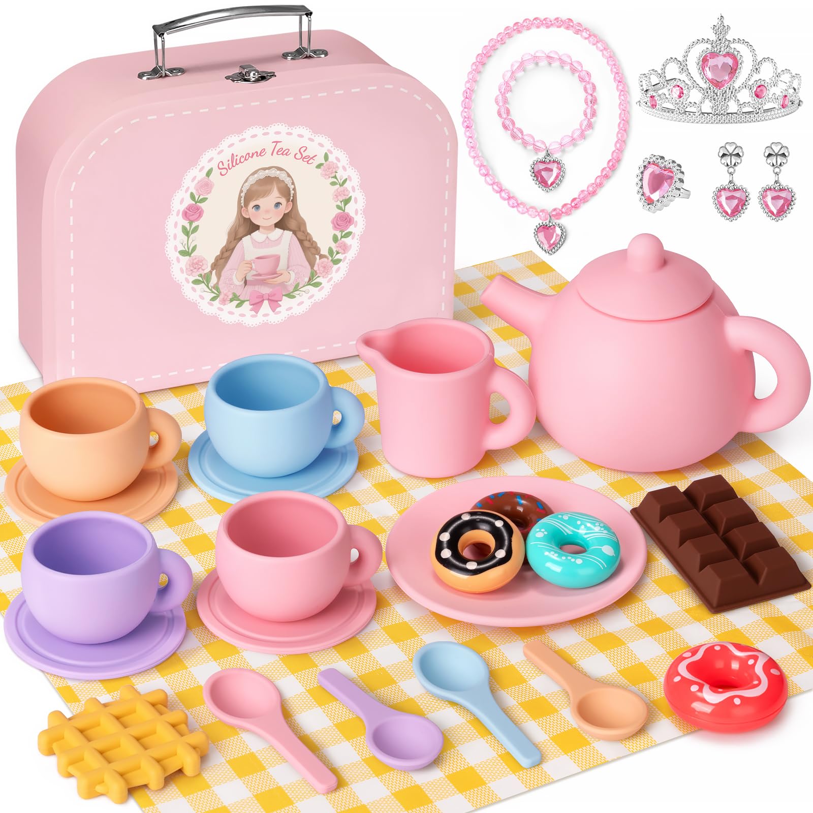 iAOVUEBY Silicone Tea Set for Toddlers, Tea Party Set for Little Girls, Kids Pretend Role Play Kitchen Toys, Toddler Girl Birthday Gifts Age 2-5 Year Old
