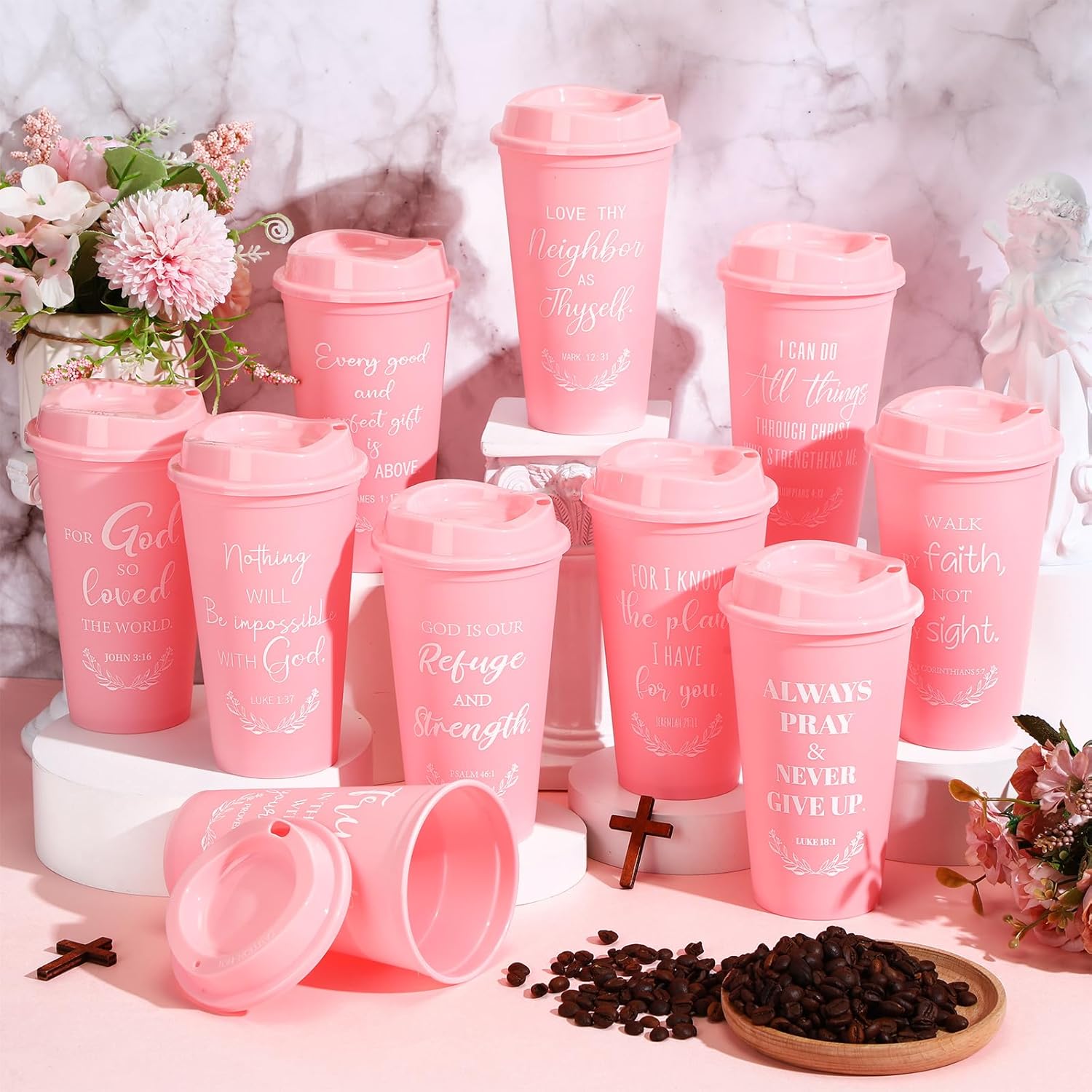 Skylety 60 Pack Christian Gifts for Men Women 16oz Reusable Bible Verse Tumbler Bulk Plastic Coffee Cups with Lids Inspirational Religious Church Gifts for Valentine Easter Birthday (Pink) - Image 3