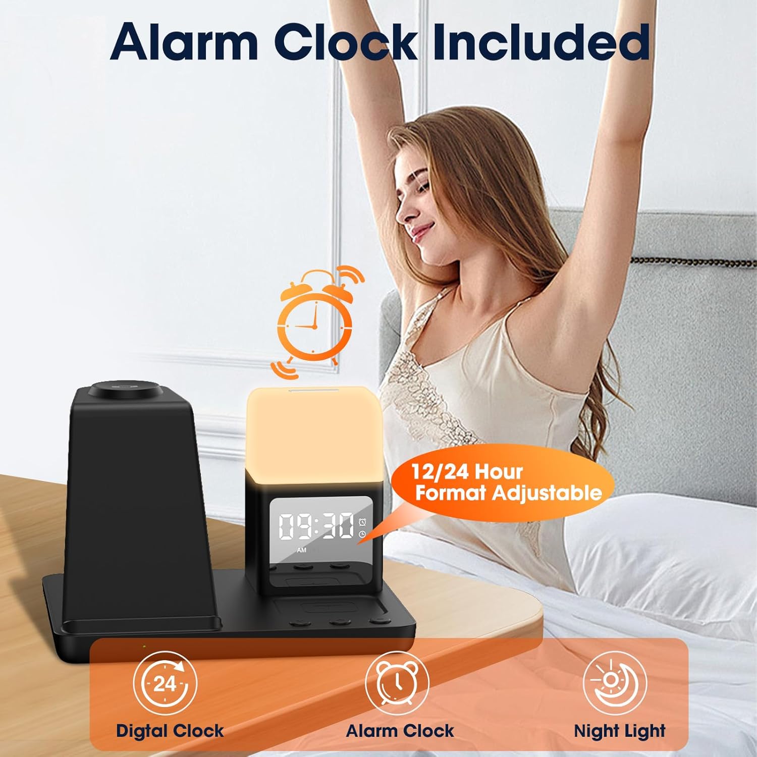 Wireless Charger for Samsung/Android,6 in 1 Alarm Clock Charging Station for Bedrooms with Bedside Clock Night Light for Samsung S25/S24/S23 Ultra/Buds,Watch Charger only for Galaxy Watch 8/7/6-Black - Image 5