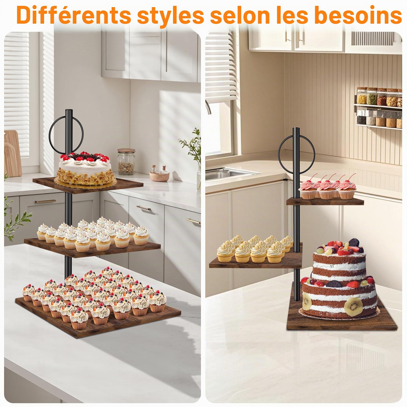 Étagère à gâteaux/cupcakes à 3 étages en bois | Plateau à gâteaux Support à gâteaux Support de service avec poignée métallique | pour anniversaire, goûter, fête, mariage, 30 cm x 30 cm