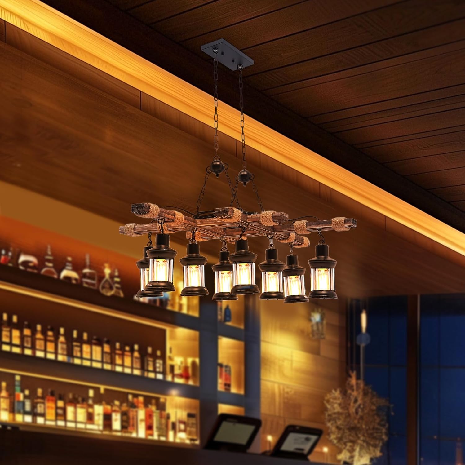 Wooden Chandelier, 8-Light Rustic Farmhouse Pendant Light with Adjustable Chain, Industrial Retro Vintage Ceiling Fixture for Kitchen Dining Room Bar Cafe Restaurant