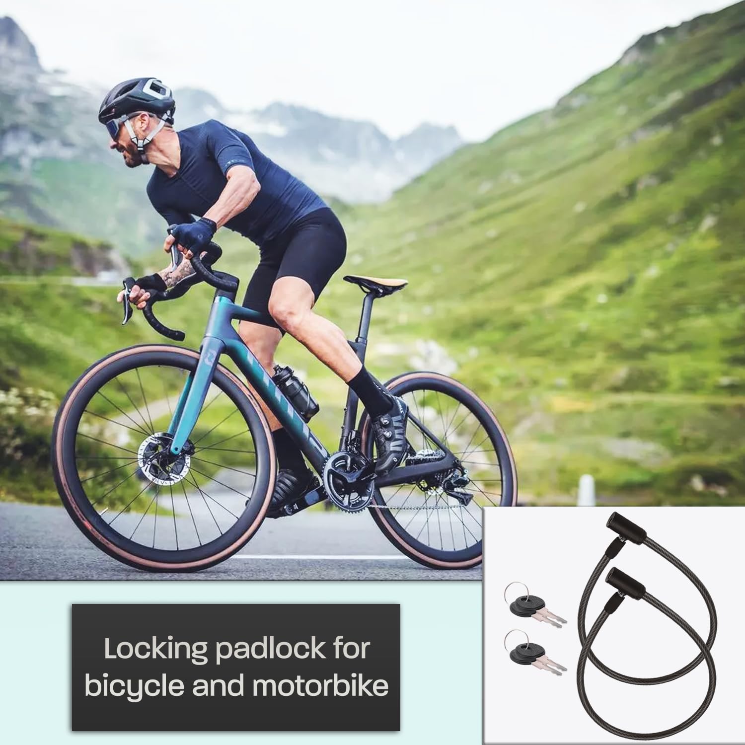 Lucchetto bici 2 pezzi rinforzato di cavo 60 cm Acciaio resistente con sistema di chiusura a chiave Sicurezza avanzata Durevole e facile da usare (Nero)