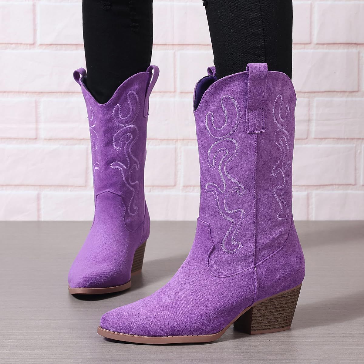 Cowboy Boots for Women Cowgirl Mid Calf Western Style Embroidery Stitched Low Chunky Heel Ladies Fashion Boots, US Size 5-11 - Image 3