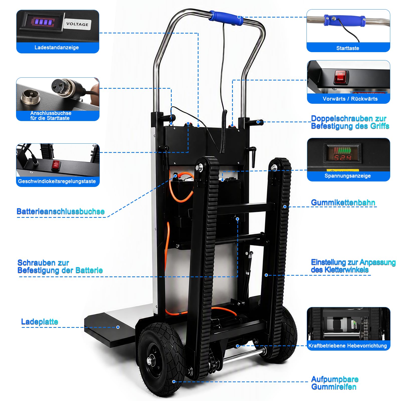 1200W Elektrische Sackkarre mit Gummiketten, Elektrischer Treppensteiger 900lbs Tragkraft, Treppen & Abstiege BewäLtigen, Schwere Treppensteiger mit Sicherheitsseil & Luftpumpe für Möbeltransportieren