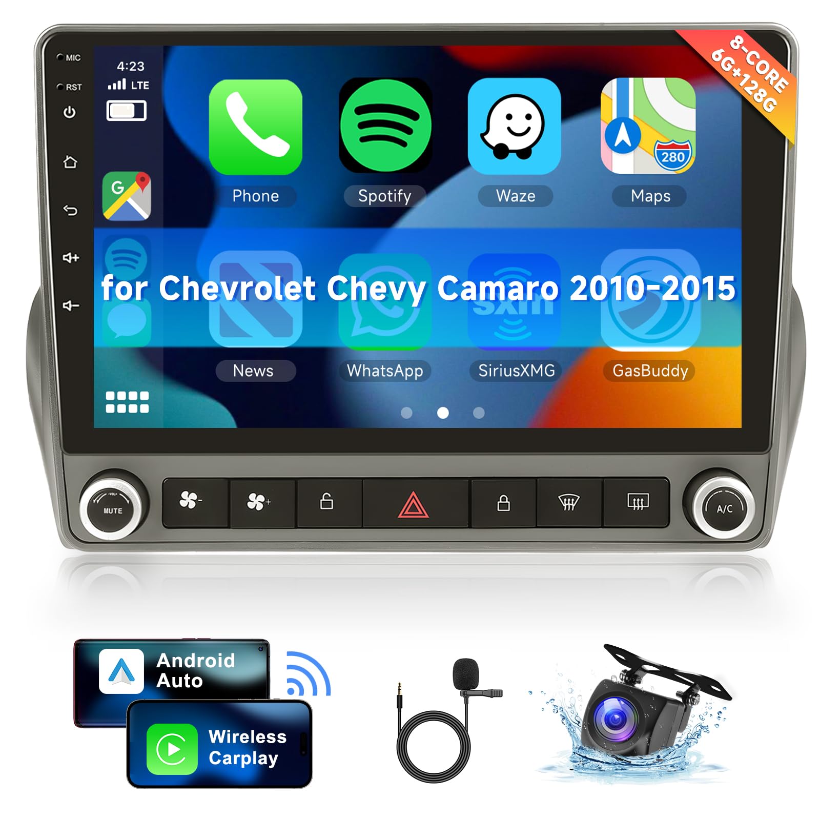 [8 CORE 6G+128G] Car Radio for Chevrolet Chevy Camaro 2010-2015 with Wireless Carplay/Android Auto, 9 Inch Android 13 IPS Touch Screen Car Stereo,