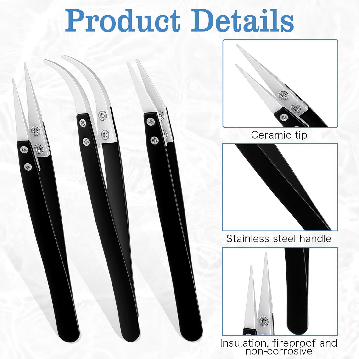3 PCS Ceramic Tweezers, Electronics Tweezers, Reverse Tweezer Set, Non Conductive Heat Resistant Electronics Soldering Tweezer, Pointed Curved Tips for Pinching Coils, Jewelry, Watch Repair