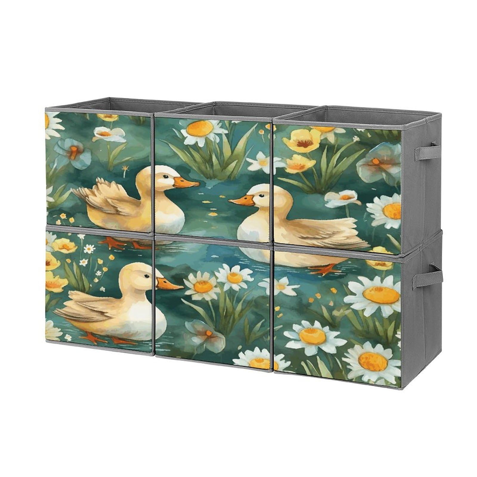 Btcowzrv Style Hand Drawn Duck Storage Cubes, 6 Pack Oxford Fabric Foldable Collapsible Bins With Handles, Cubby Storage Baskets Boxes For Closet Shelves Office Organization