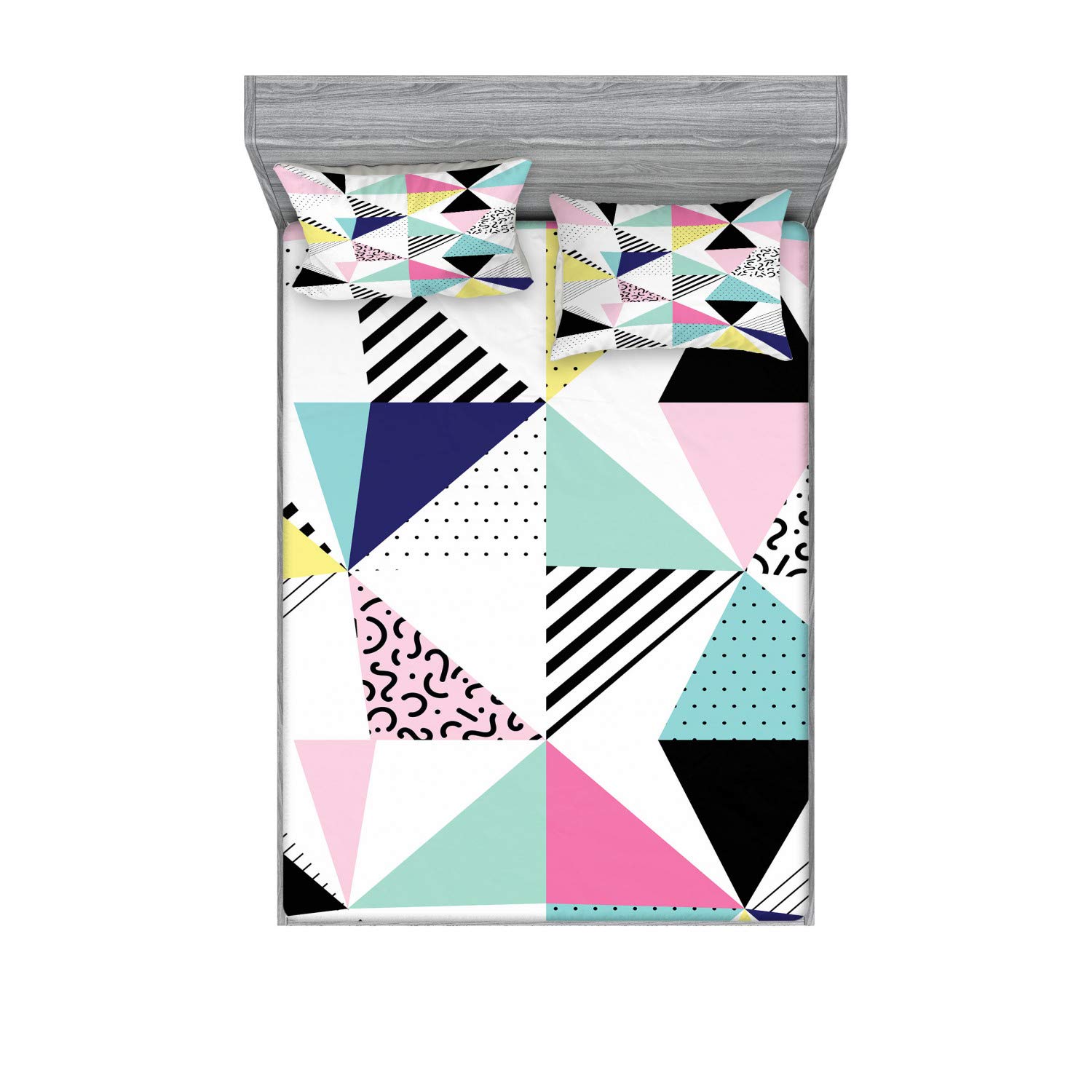 Ambesonne Eighties Fitted Sheet & Pillow Sham Set, Retro Memphis Style Pattern with Geometrical Shapes Funky Hipster Old Fashioned, Decorative Printed 3 Piece Bedding Decor Set, King, Multicolor