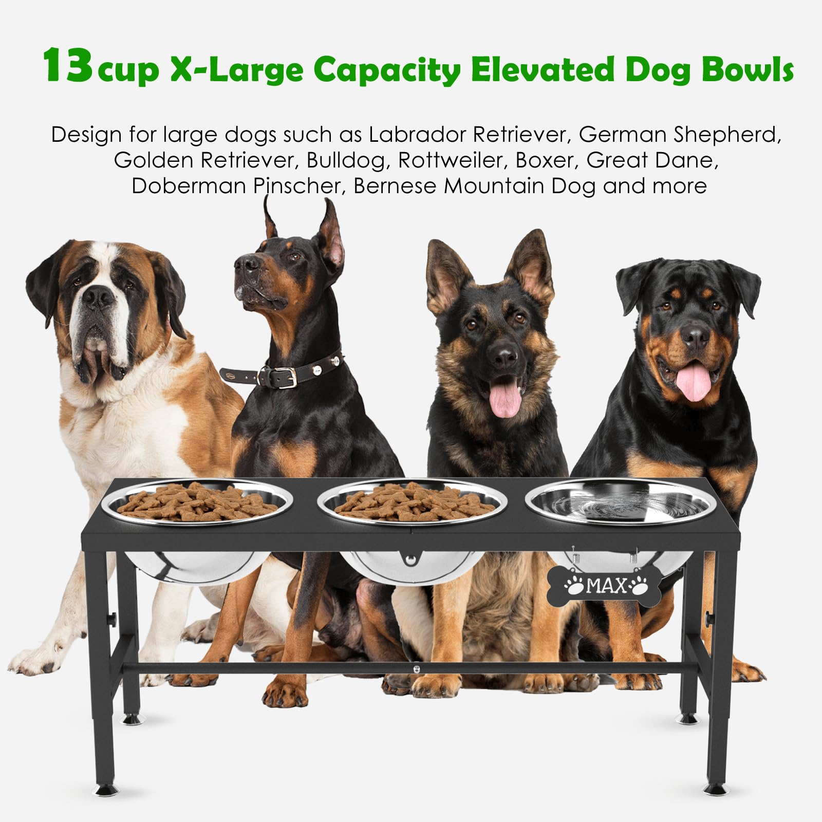 SHAINFUN Soporte elevado para cuencos para perros grandes y perros extragrandes con 3 cuencos de 101 onzas, 4 comederos elevados de altura ajustable con alfombrilla antiderrames, estación de alimentos