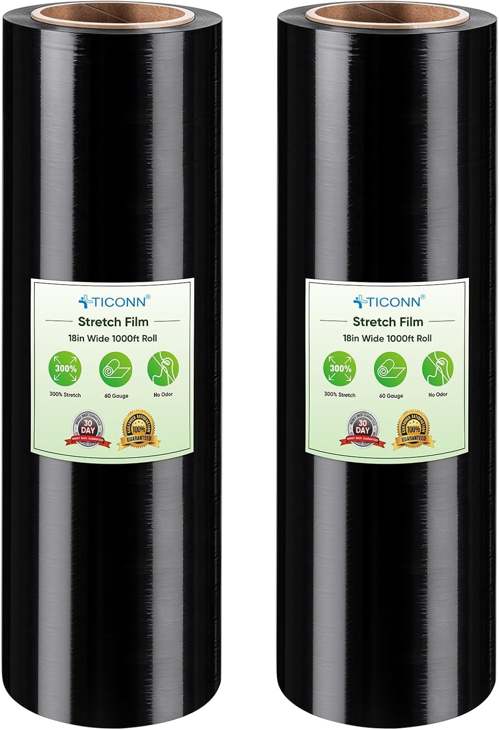 TICONN 2Pk Stretch Wrap Stretch Film Roll, 1000ft Industrial Strength 18 inch Wide Black Plastic Wrap for Pallet Wrapping Shipping Moving (No Handle)