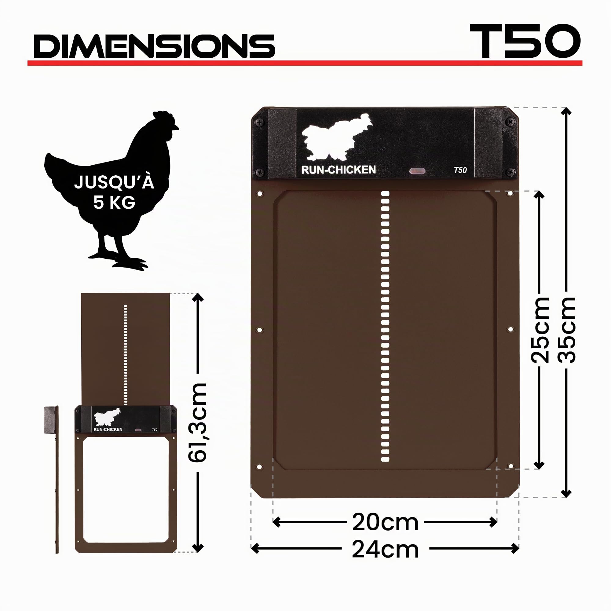 Run‑Chicken Door T50 Porte automatique marron pour poulaillers, fonctionne avec piles AA, contrôle par application, capteur de lumière, minuterie avec retard et aluminium résistant pour l'extérieur
