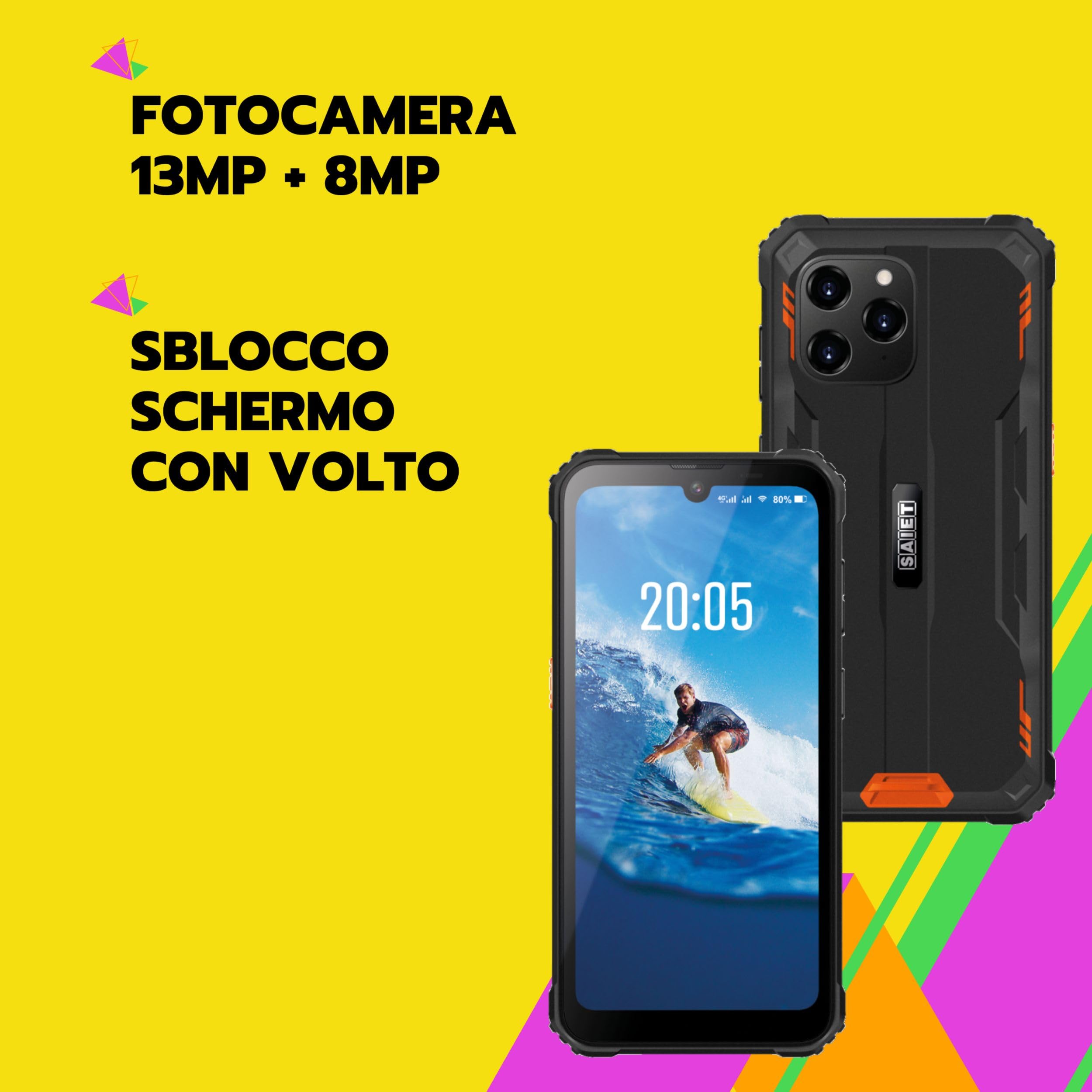 Smartphone Rugged 4G Android 13, Impermeabile IP68 e IP69X, Fotocamera 13MP | Telefono Indistruttibile con Display 6.1"" HD, NFC, Batteria 6580mAh e Power Bank Integrato, – Sicuro Smart STS602 SAIET