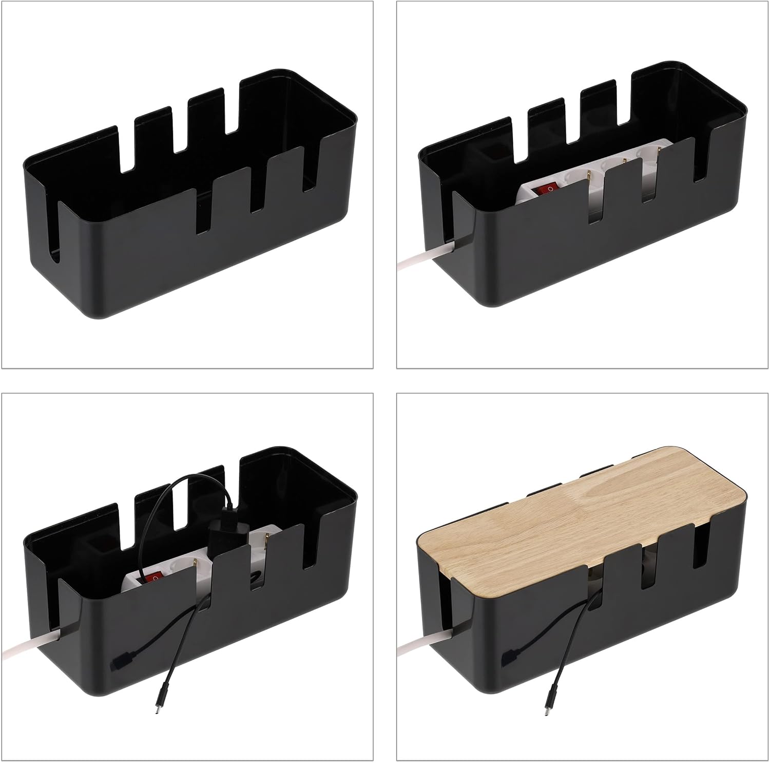 Relaxdays Cable Box for 2 Power Strips, Wooden Lid, Plastic, Hiding Cables HBT: 11.5 x 30.5 x 12.5 cm, Black