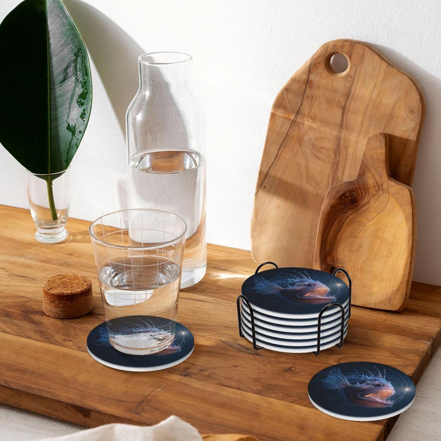 (Deep-sea Anglerfish) Ceramic Coasters Set of 6 with Holder Non-Slip Round Coffee Coasters for for Cup Mug Drink Patio Coffee Table Decor, Christmas Coasters Home Bar Supplies