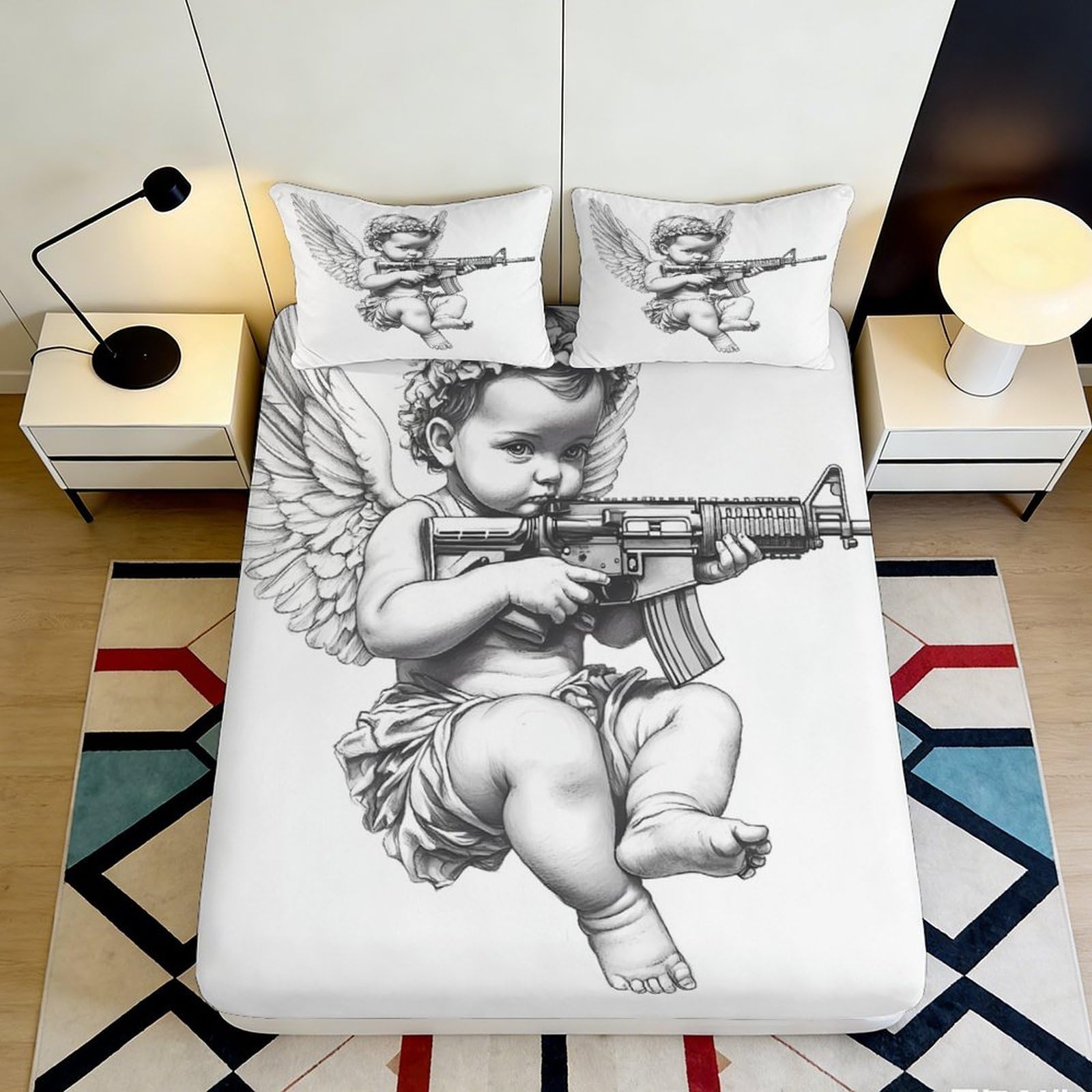 Jqzkxnhpbr Style-6 3D Printed Angel Graffiti Fitted Sheet Microfiber Soft Artistic Gun Art Mattress Cover For Bedroom Dorm Room Decor Protection 90X200x25cm