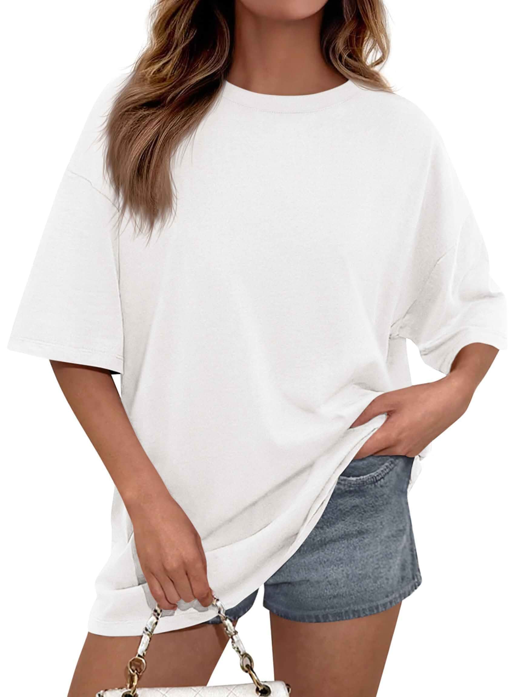 PRETTYGARDEN Women's Oversized Tshirts Going Out Tops Comfy Cotton Blend, Short Sleeve Crewneck, Drop Shoulder, Loose Fit, Basic Tee, Plain Shirts, Summer Spring, Casual Outfits