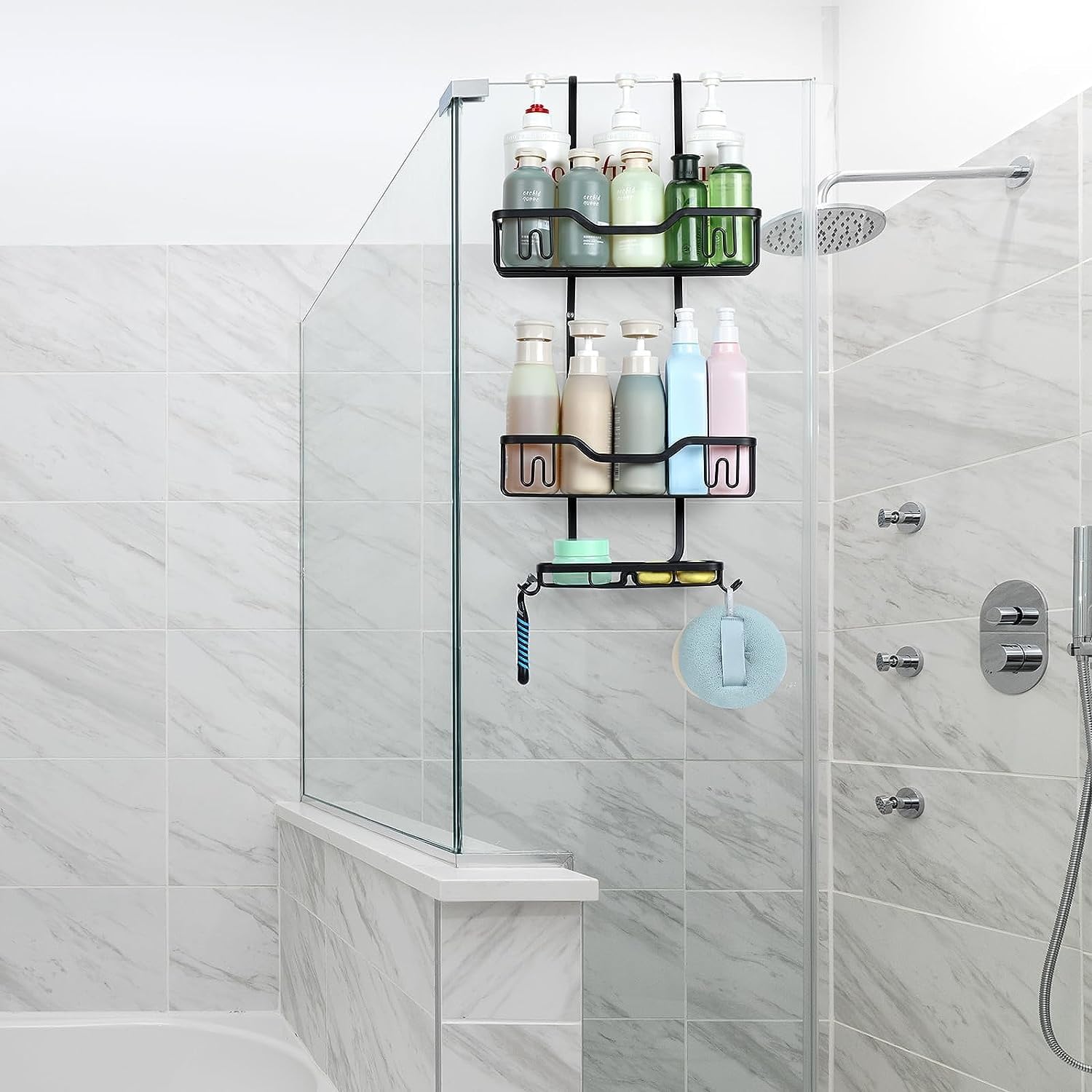 3-Tier Hanging Shower Caddy Black Stainless Steel Bathroom Organizer with 4 Hooks Soap Rack Suction Cup Mount for