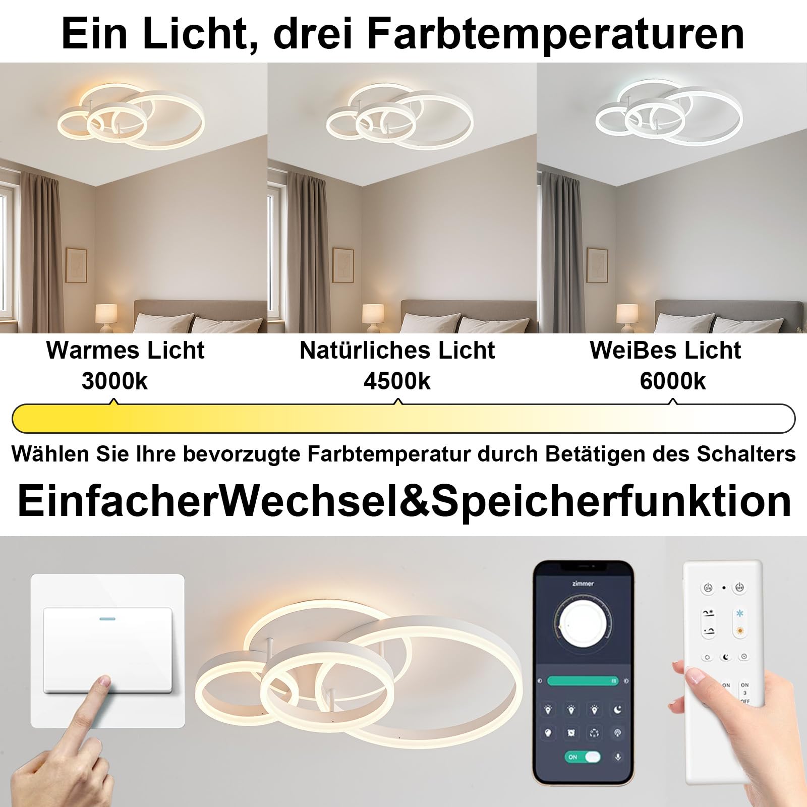 BLMYL Lampada da soffitto a LED dimmerabile, 3000 K – 6000 K, 48 W, 4800 lm, lampada da soffitto da 61 cm, anelli a LED, per camera da letto, cameretta dei bambini, cucina, corridoio