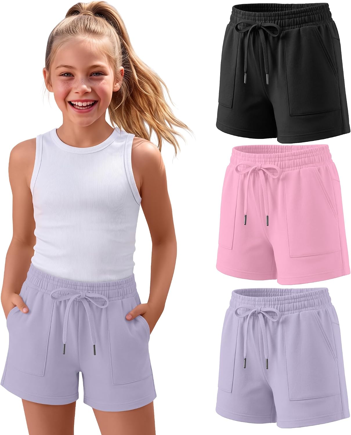 Xaatren 3 Pack Girls Shorts Summer Teen Casual Athletic Shorts Juniors Lightweight Sweat Shorts with Pockets 5-14 Years