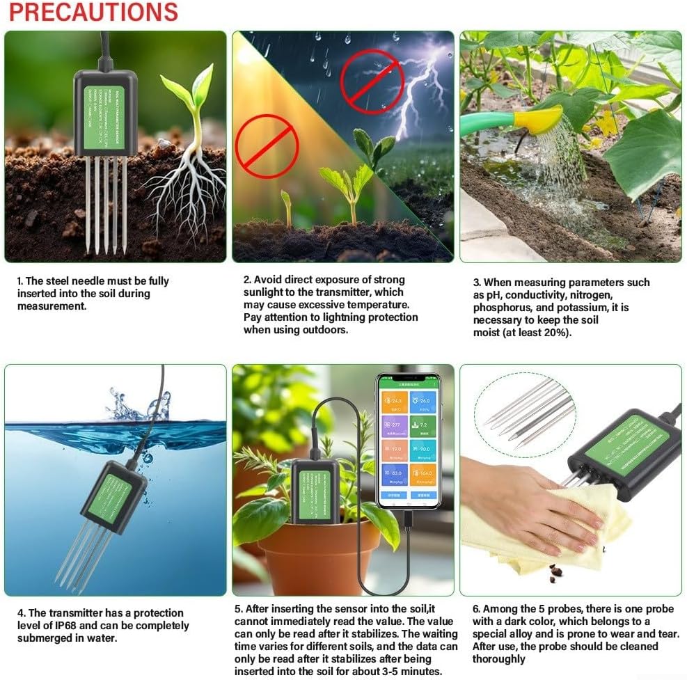 7-in-1 USB Soil Sensor, With PH EC Temperature Humidity Moisture NPK Measurement, Waterproof IP68 Metal Probe, For Agriculture Gardening