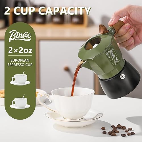 Miniatura 3 de Bincoo Estufa pequeña para hacer café expreso, 2 tazas, olla de café expreso, cafetera italiana de 4.1 fl oz para café con leche capuchino, cafetera