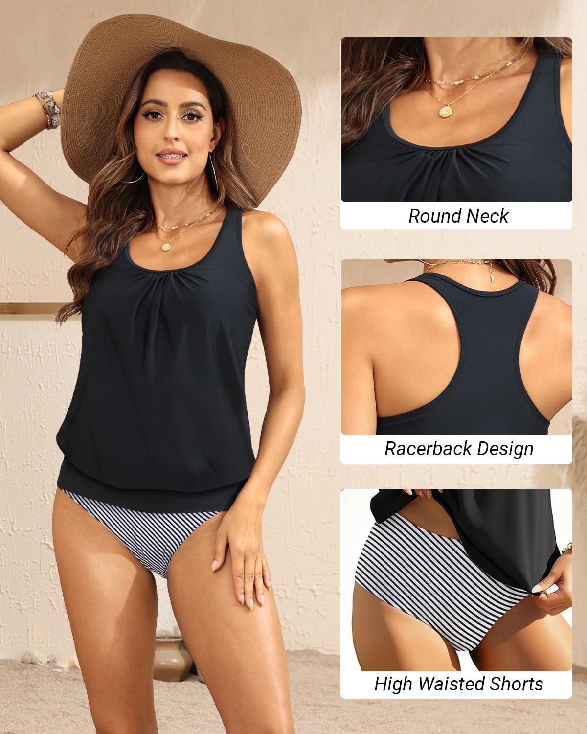 Yonique Women Two Piece Tankini Blouson Swimsuit Bathing Suits Racerback Swim Tank Tops with Bottoms Tummy Control Swimwear - Image 4