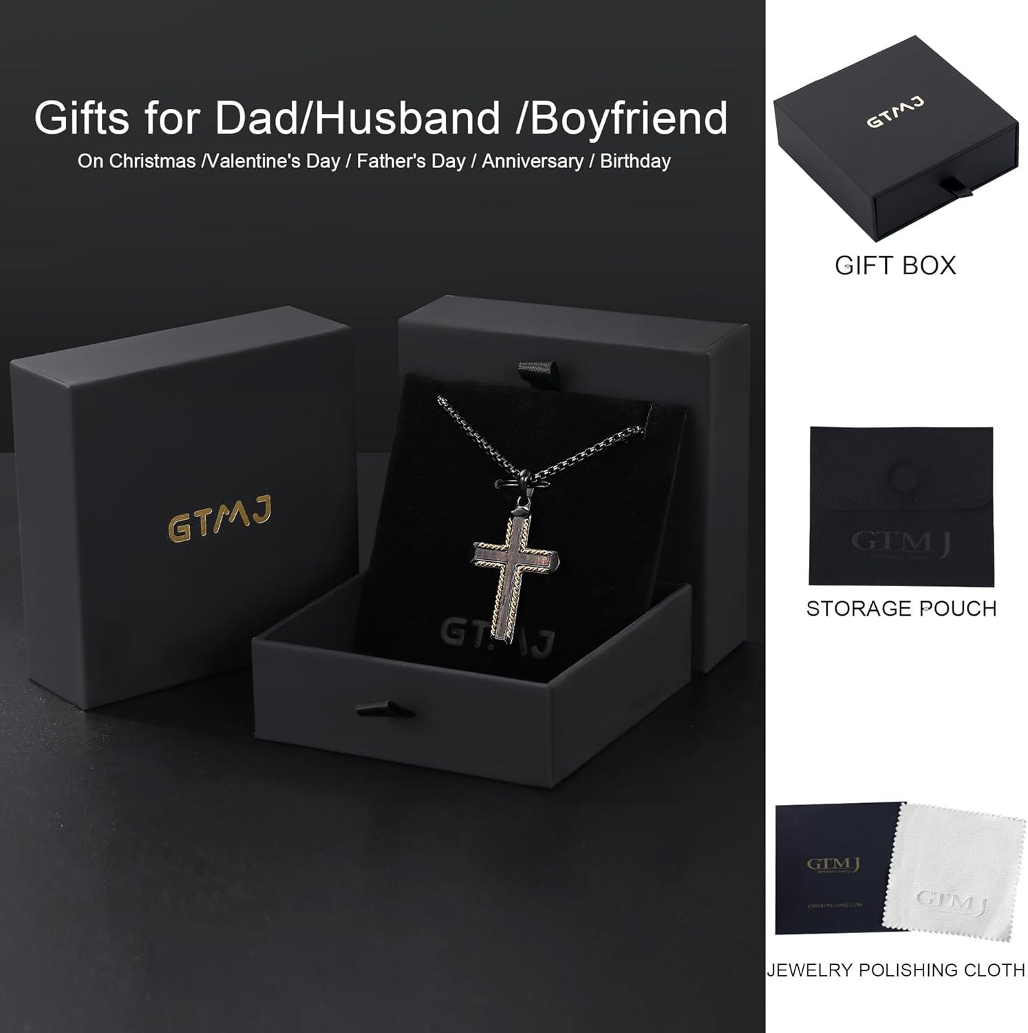 Wooden Cross Necklace for Men -Black Ebony Stainless Steel Adjustable Box Chain 24-26in, Spiritual Jewelry Gift for Him, Everyday Wear - Image 5