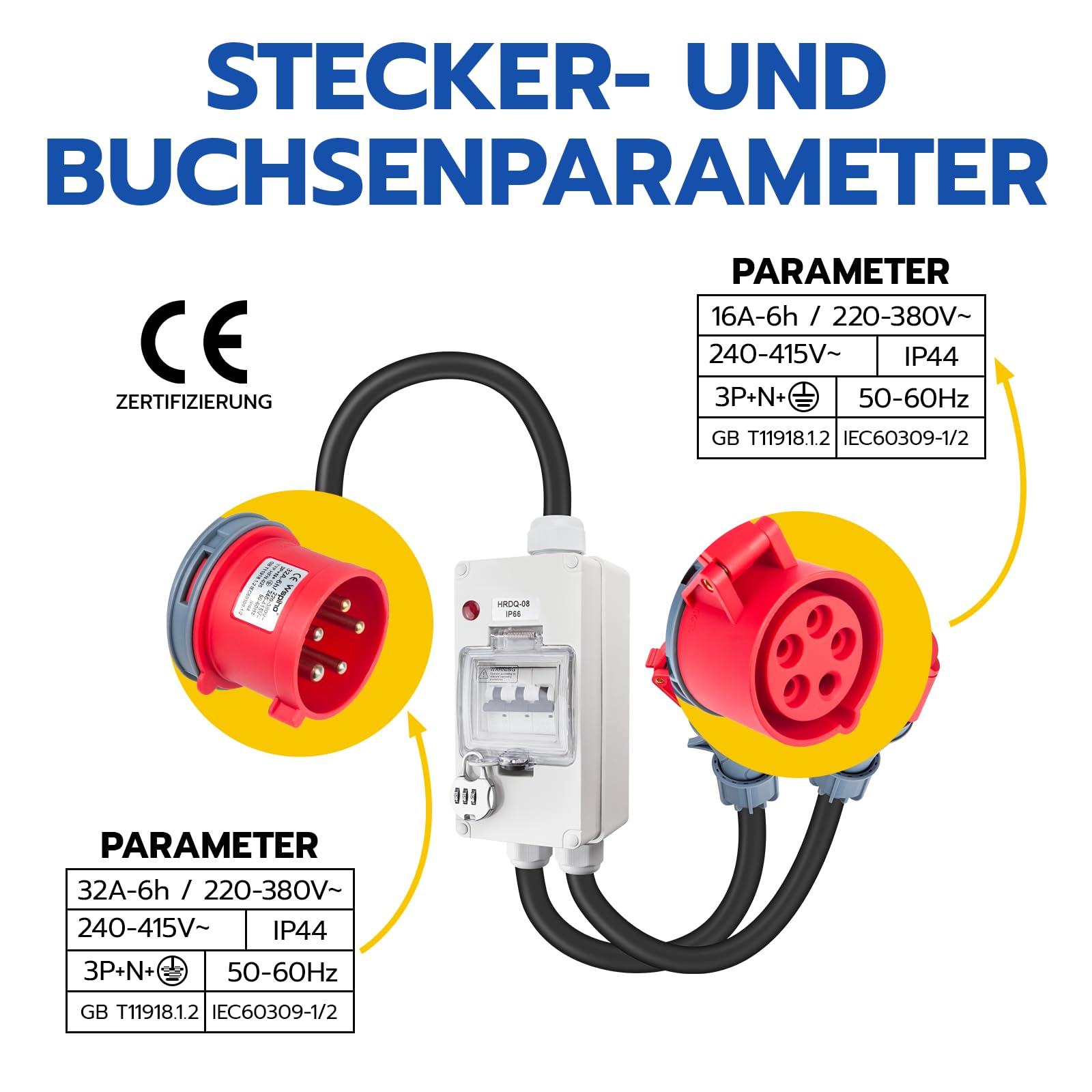 Starkstrom Adapter 32A auf 16A mit Leitungsschutzschalter,CEE Adapter 32A Stecker 16A Kupplung mit 2,5 mm² CEE Verlängerungskabel für Camping, Werkstatt, Baustelle und Außenbereich