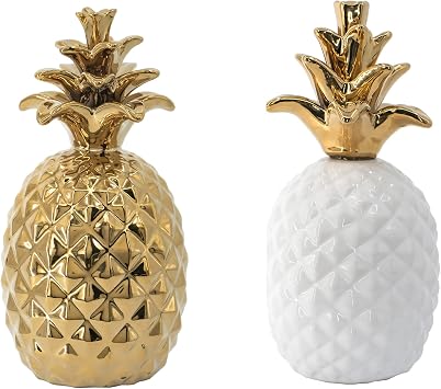 A&B Home Ceramic Pineapple Decor-Home Office Cute Desk Decor for Living Room Dining Room,Wedding Housewarming Gifts,Set of 2Gold/White