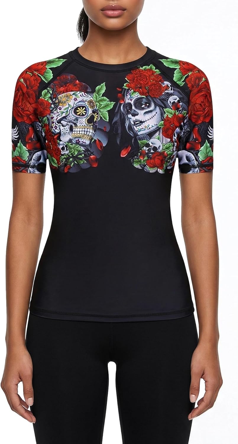 Raven Fightwear Women's Calaveras y Rosas Rash Guard Short Sleeve BJJ MMA Black