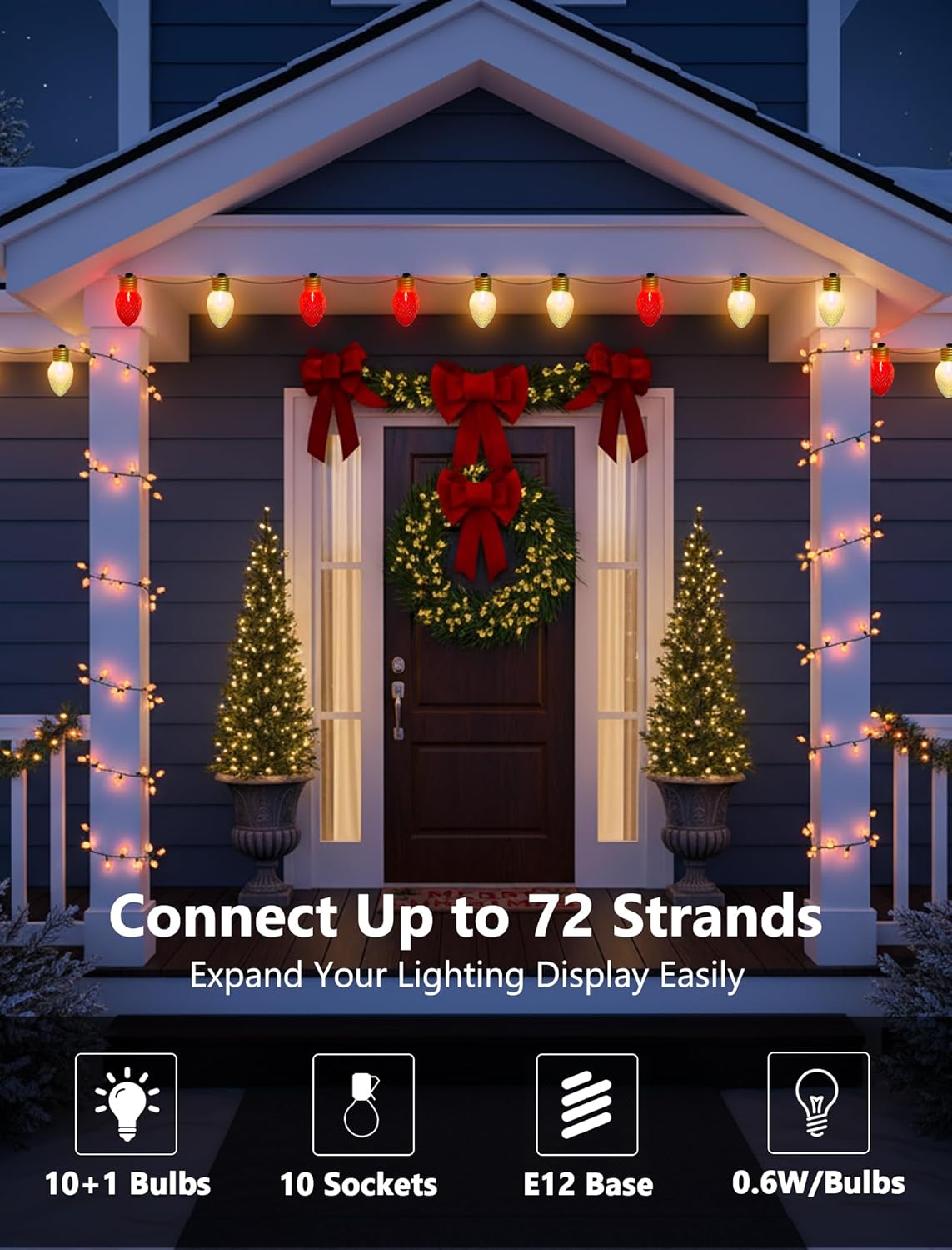 Jumbo Christmas Lights Outdoor - 16ft Multicolor LED Red & White Large Bulb with Diamond Pattern, Connectable & Replaceable, UL Listed Waterproof Big Christmas Lights for Holiday Decorations - Image 4