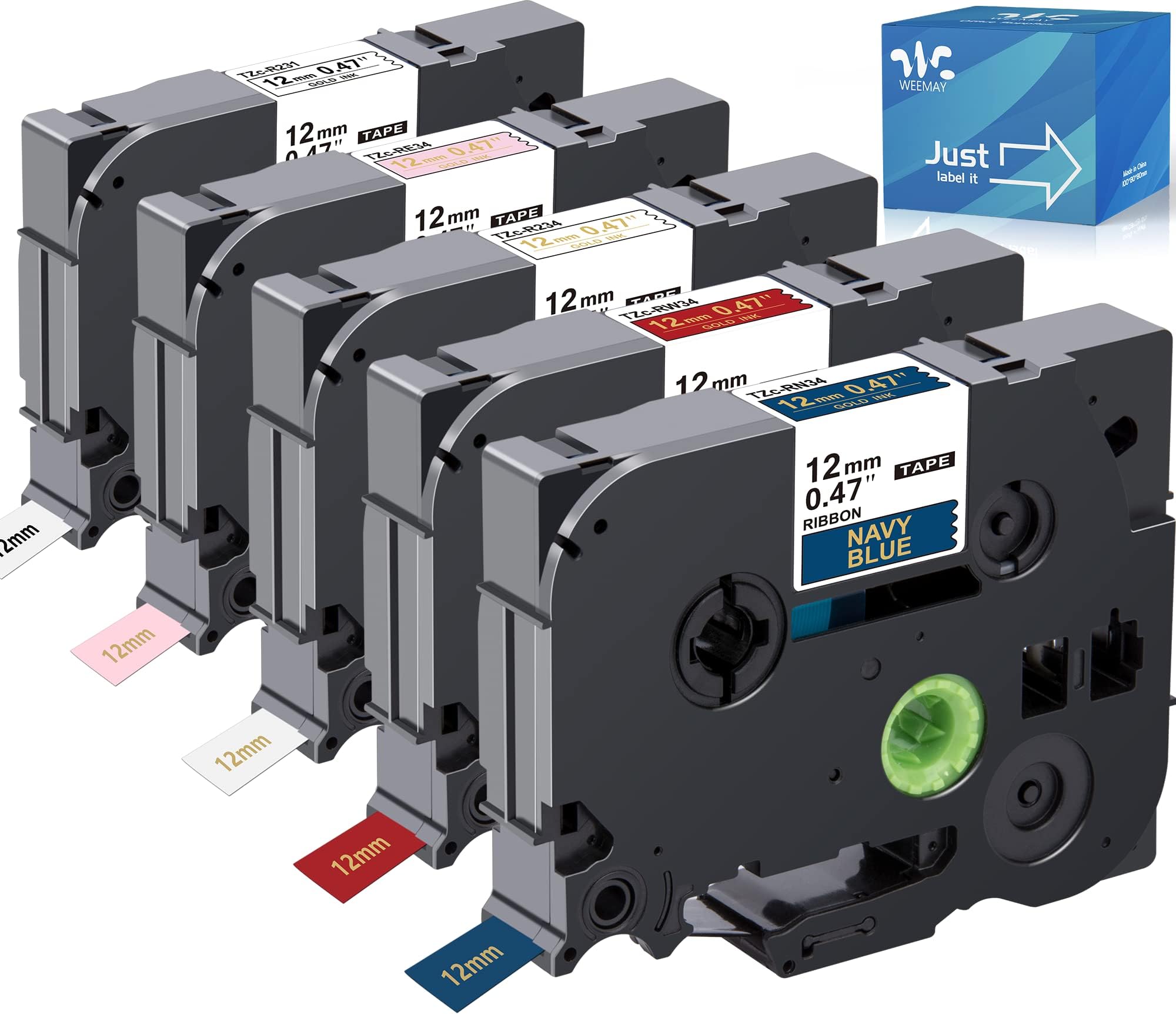 WEEMAY Lot de 5 rubans adhésifs en satin compatibles avec Brother 12 mm TZe-R231 TZe-R234 TZe-RE34 TZe-RN34 TZe-RW34 pour imprimante Ptouch Embellish PTH110 PTD210 PTD215e PTD400AD