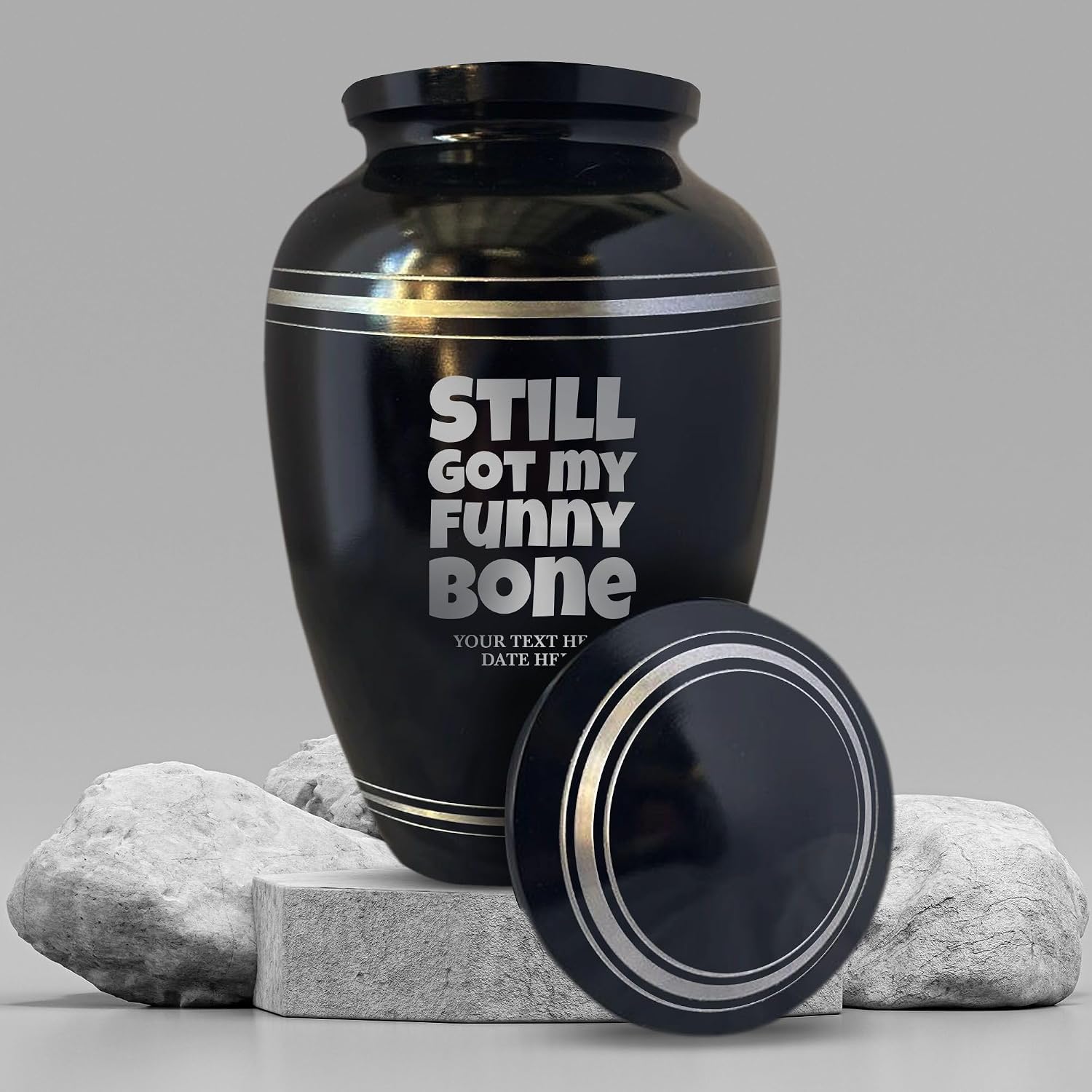 Personalized Human Cremation Urn for Adult Ashes Men & Women - Engraved Aluminum Urn with Name and Funny Still Got my Funny Bone 2 Design | Vessel for Human Remains | Black with Silver Rim