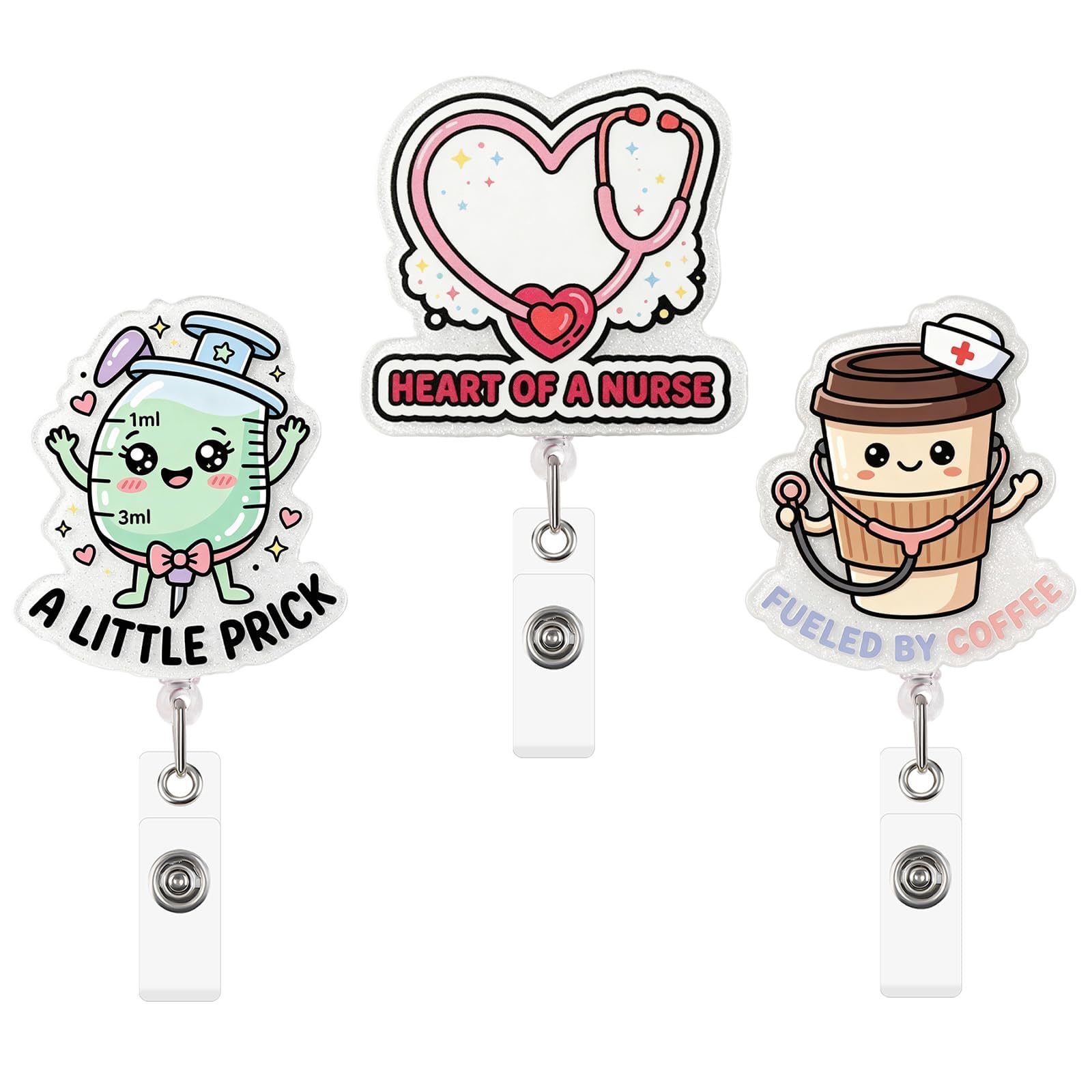 BLMHTWO 3Pcs Cute Nurse Badge Reel Funny Nurse Badge Reel Retractable with Metal Clip for Hospital Medical Worker Doctor Nursing Student Decor