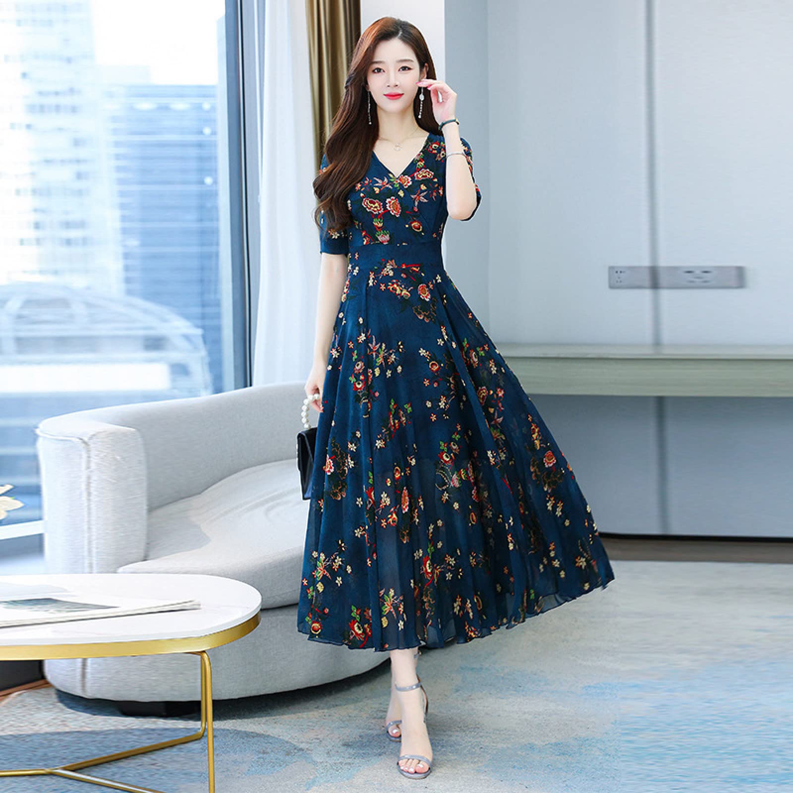 Amazon.com: XIEHC Midi Dresses for Women, Thin Chiffon, Floral Dress, Blue,  XL,Women Summer Boho Floral Print : Clothing, Shoes & Jewelry