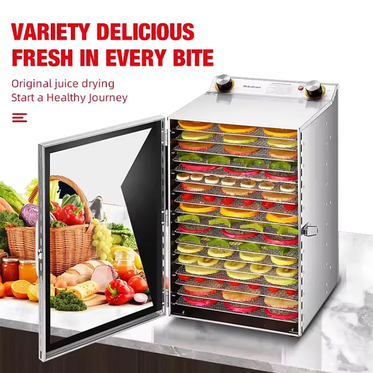Liofilizador De 18 Capas, Secador De Alimentos Comercial De Acero Inoxidable De 650 W con Secado por Aire 360°, Tiempo: 0-12 H, 35-90 ℃ Control De Temperatura, para Supermercados, Restaurantes