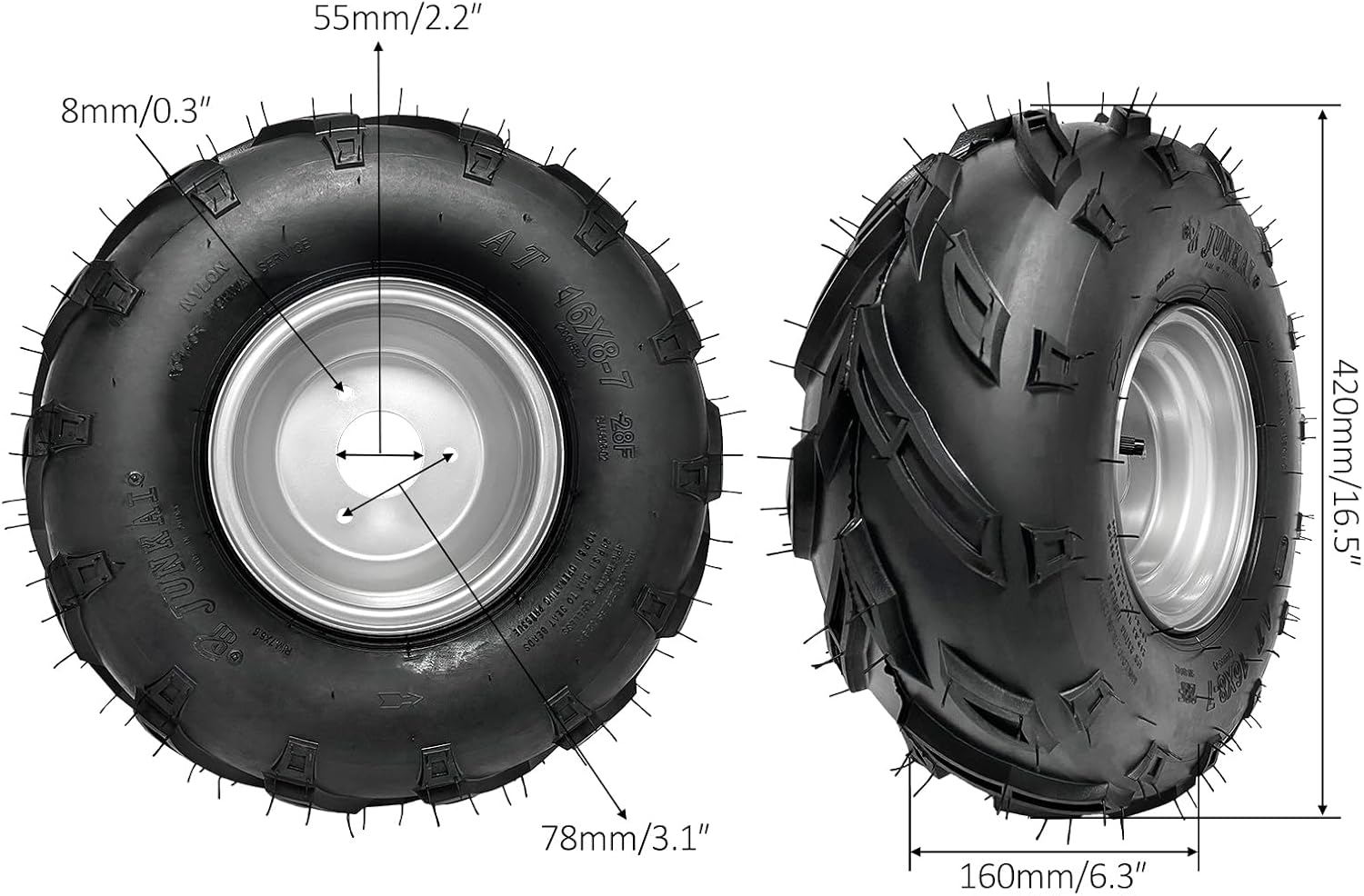 16x8-7 ATV Go Kart Tire with Wheel Kit – 200/55-7 Tubeless Tire, 7-inch Rim, 3-Bolt Wheel Hub, 160lbs Max Load, for Off-Road Vehicles ATV Golf Cart Mini Bike Quad Buggy 4 Wheelers Drift Trike