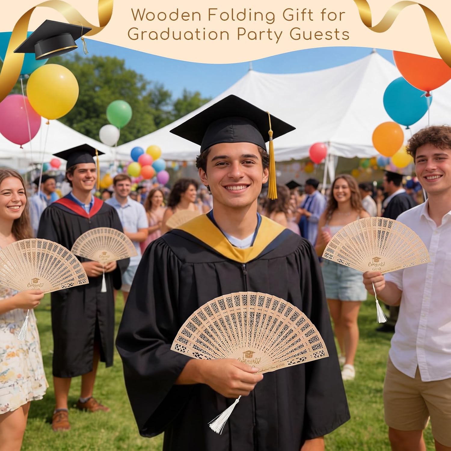 1 Class of 2026 Graduation Wooden Folding Fans Handheld with Tassels and Organza Bags Bulk Vintage Graduation Party Favors Gifts 2026 Grad Ceremonies Hand Holders Photo Prop Grad Party Supplies image 4