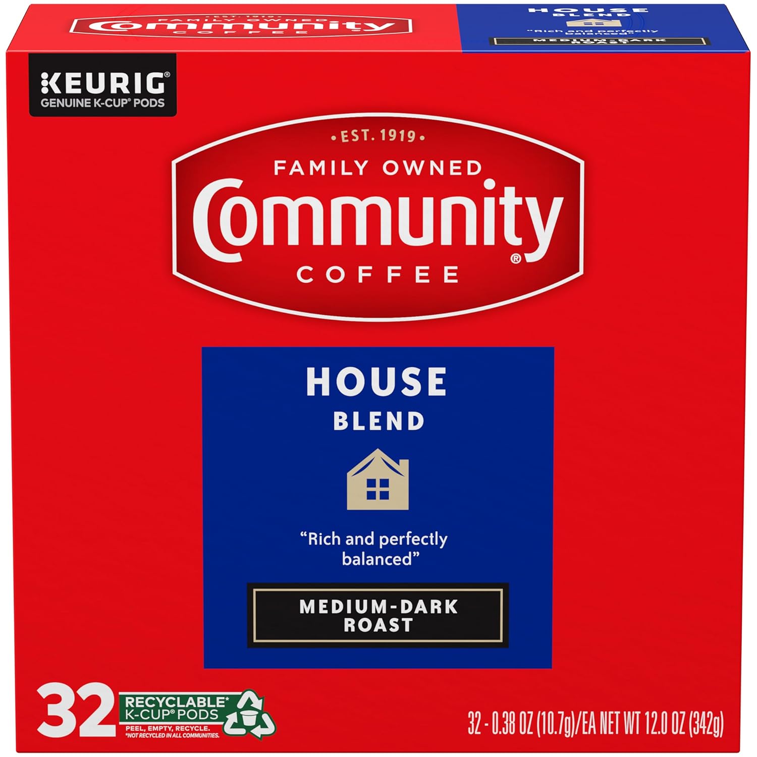 Community Coffee House Blend Medium-Dark Roast Single Serve Keurig K-Cup Pods 32 ct Box