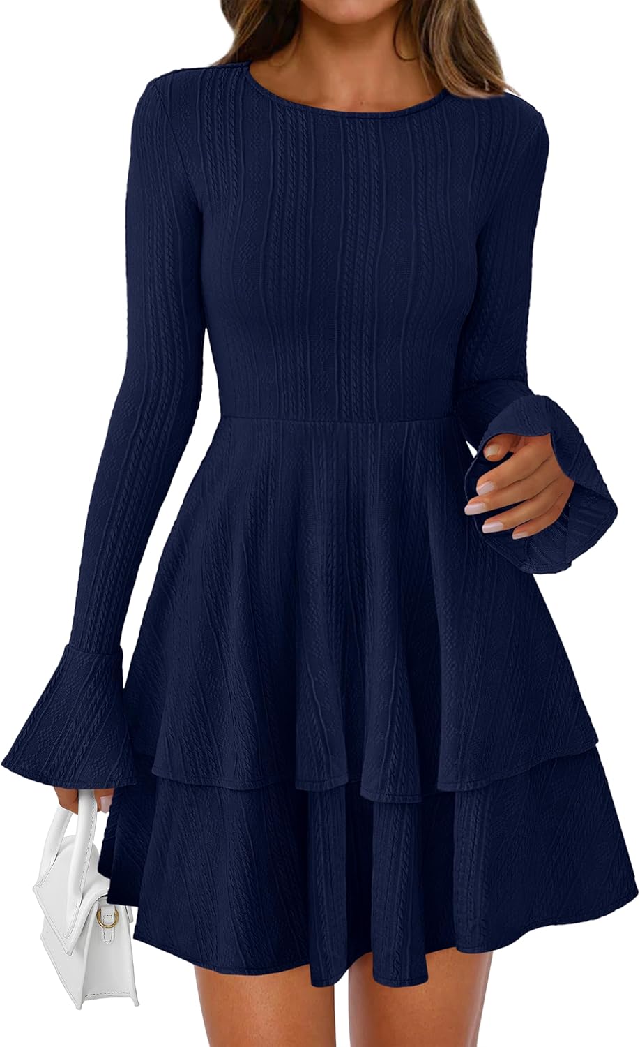 PRETTYGARDEN Womens Flared Long Sleeve Bodycon Mini Dress Formal Tiered Crewneck Slim Fit A Line Fall Short Cocktail Dresses - Image 5